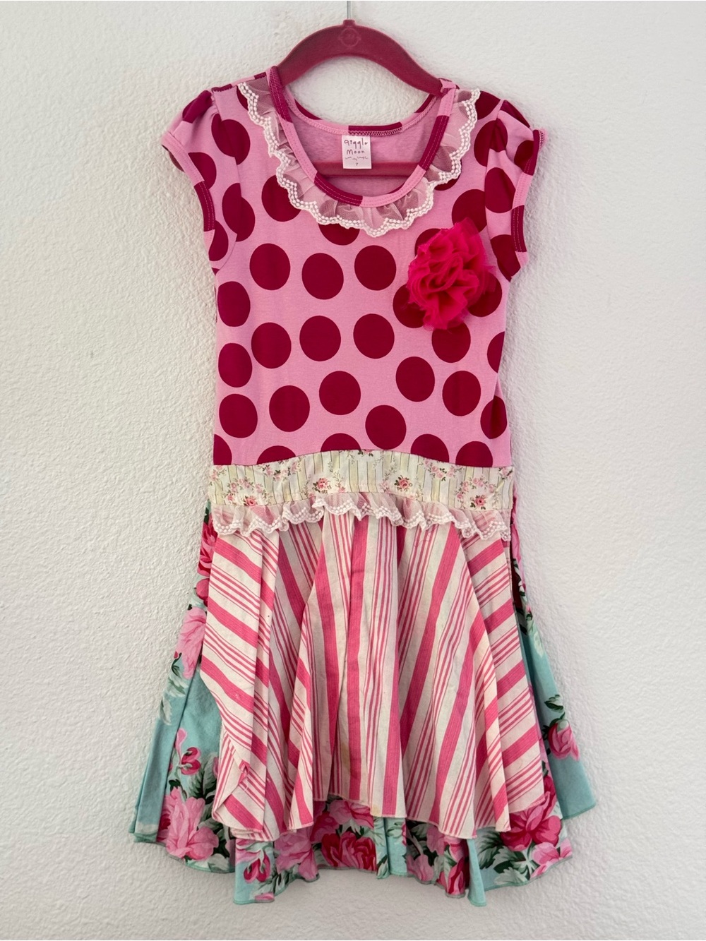 Giggle Moon Dress Pink & Blue Polka Dot Layered Floral Apron Lace 7